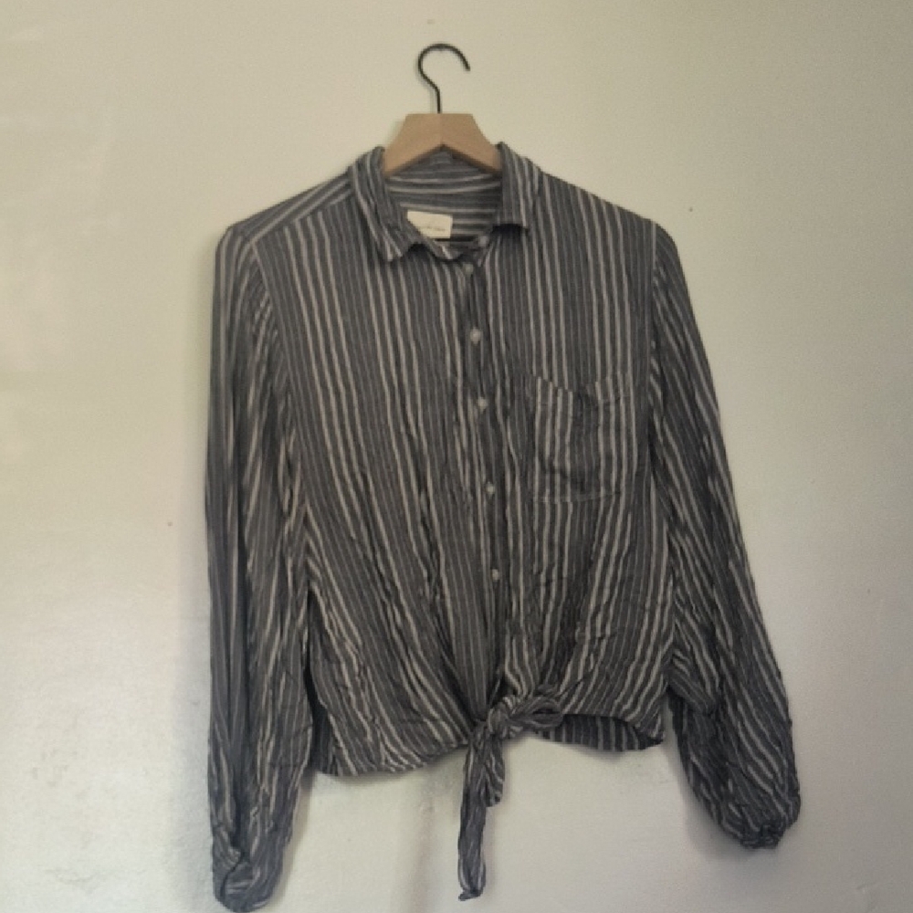 American Eagle Outfitters Navy and White Striped Long Sleeve Tie Waist Top Sz SM